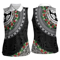 Fiji Hibiscus Women Sleeveless Polo Shirt Tapa Masi Motifs with Tropical Plants