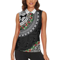 Fiji Hibiscus Women Sleeveless Polo Shirt Tapa Masi Motifs with Tropical Plants