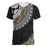 Fiji Hibiscus Women V-Neck T-Shirt Tapa Masi Motifs with Tropical Plants