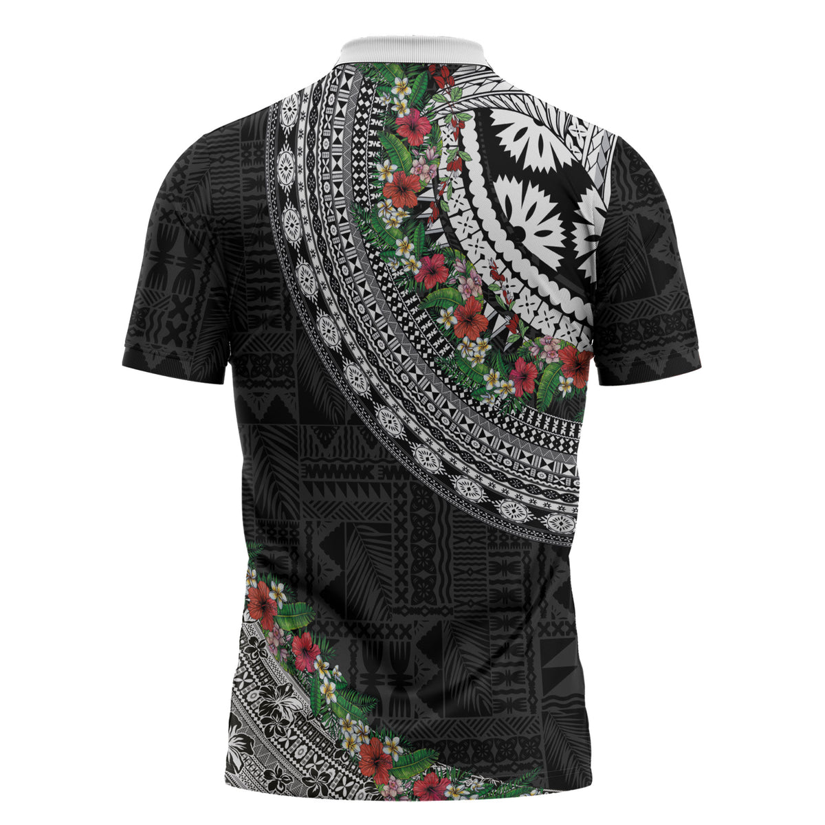 Fiji Hibiscus Zipper Polo Shirt Tapa Masi Motifs with Tropical Plants