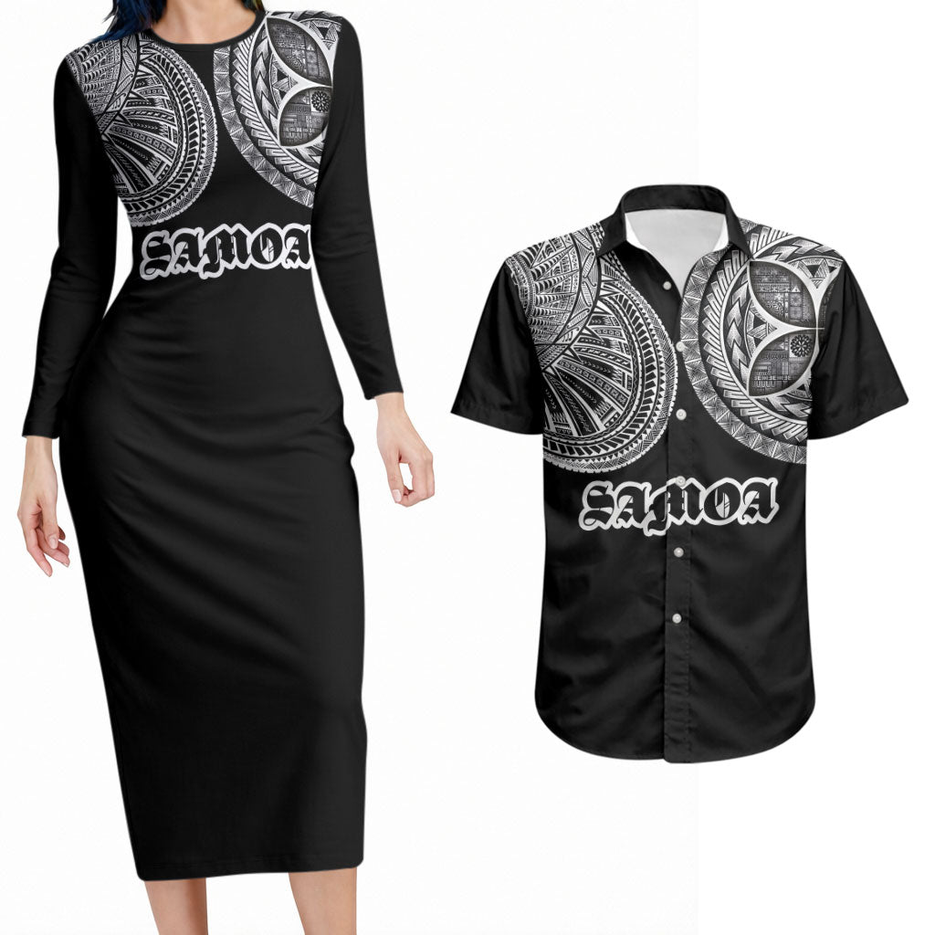 Samoa Traditional Tattoo Couples Matching Long Sleeve Bodycon Dress and Hawaiian Shirt Tribal Tatau Pattern