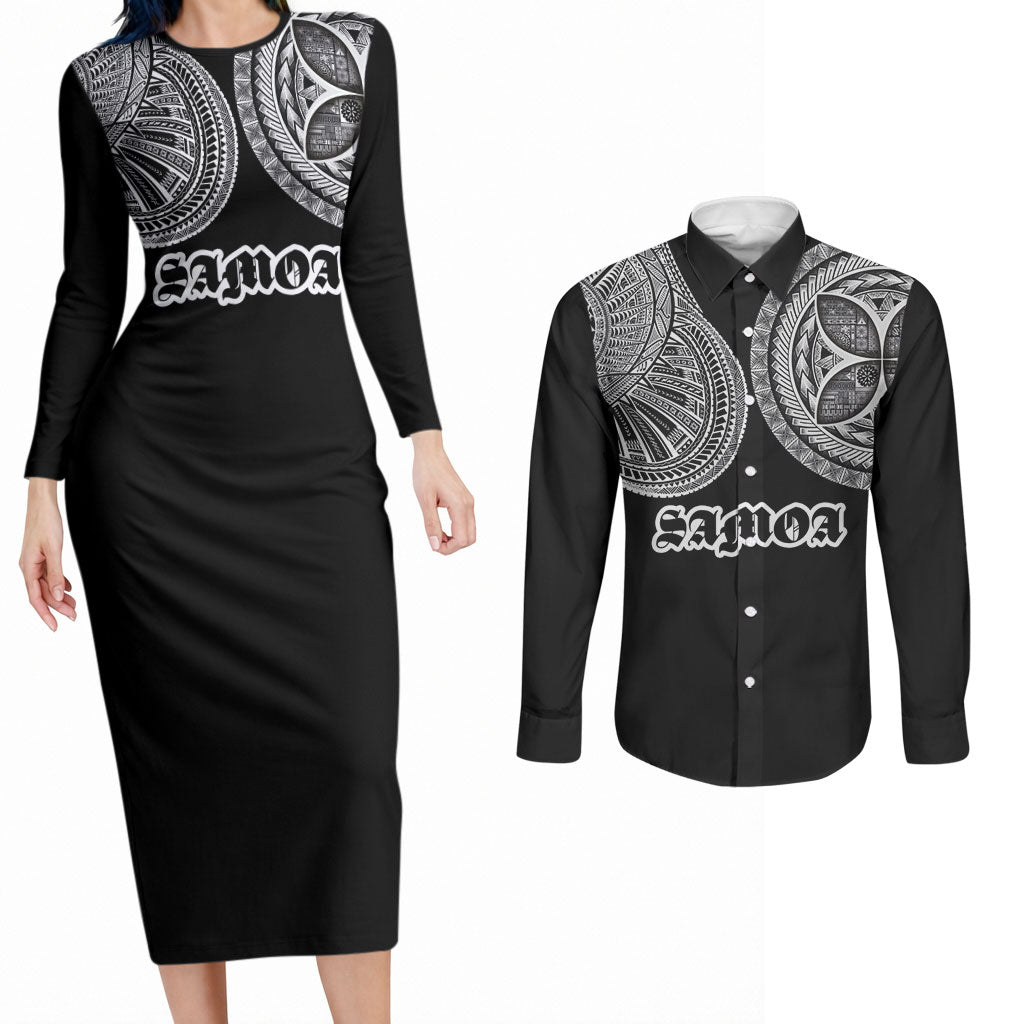 Samoa Traditional Tattoo Couples Matching Long Sleeve Bodycon Dress and Long Sleeve Button Shirt Tribal Tatau Pattern