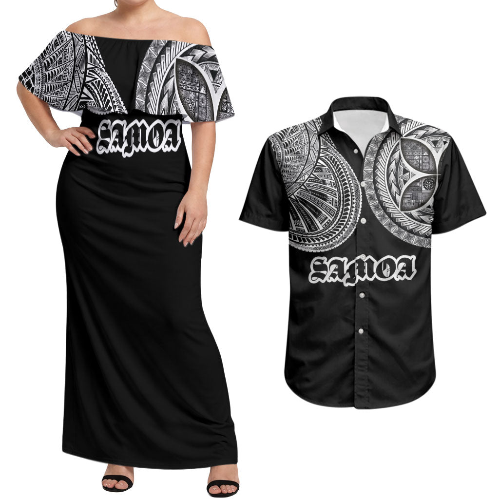 Samoa Traditional Tattoo Couples Matching Off Shoulder Maxi Dress and Hawaiian Shirt Tribal Tatau Pattern LT03 Black - Polynesian Pride