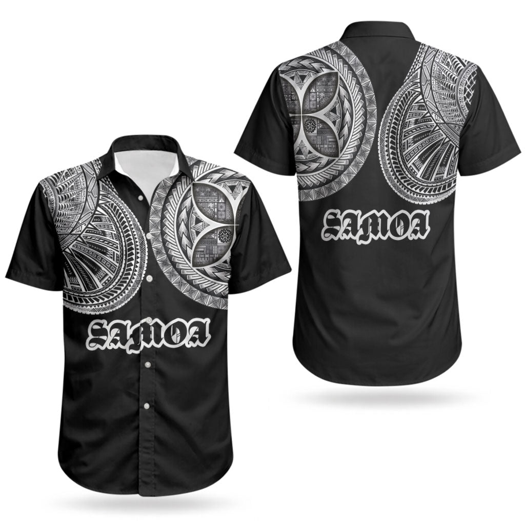 Samoa Traditional Tattoo Couples Matching Off Shoulder Short Dress and Hawaiian Shirt Tribal Tatau Pattern