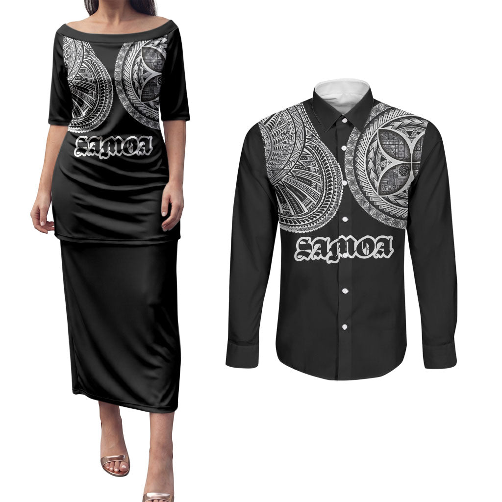Samoa Traditional Tattoo Couples Matching Puletasi and Long Sleeve Button Shirt Tribal Tatau Pattern
