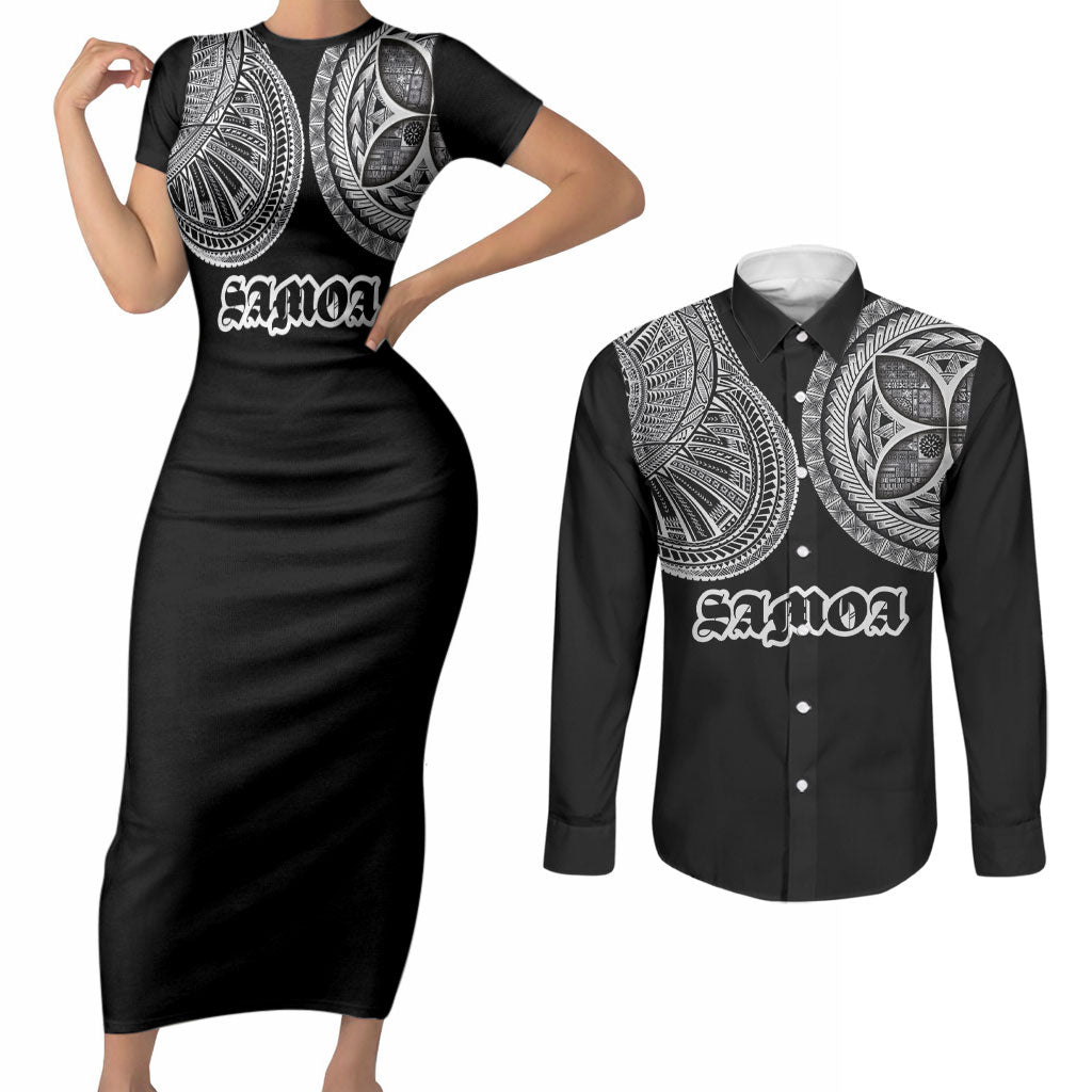 Samoa Traditional Tattoo Couples Matching Short Sleeve Bodycon Dress and Long Sleeve Button Shirt Tribal Tatau Pattern