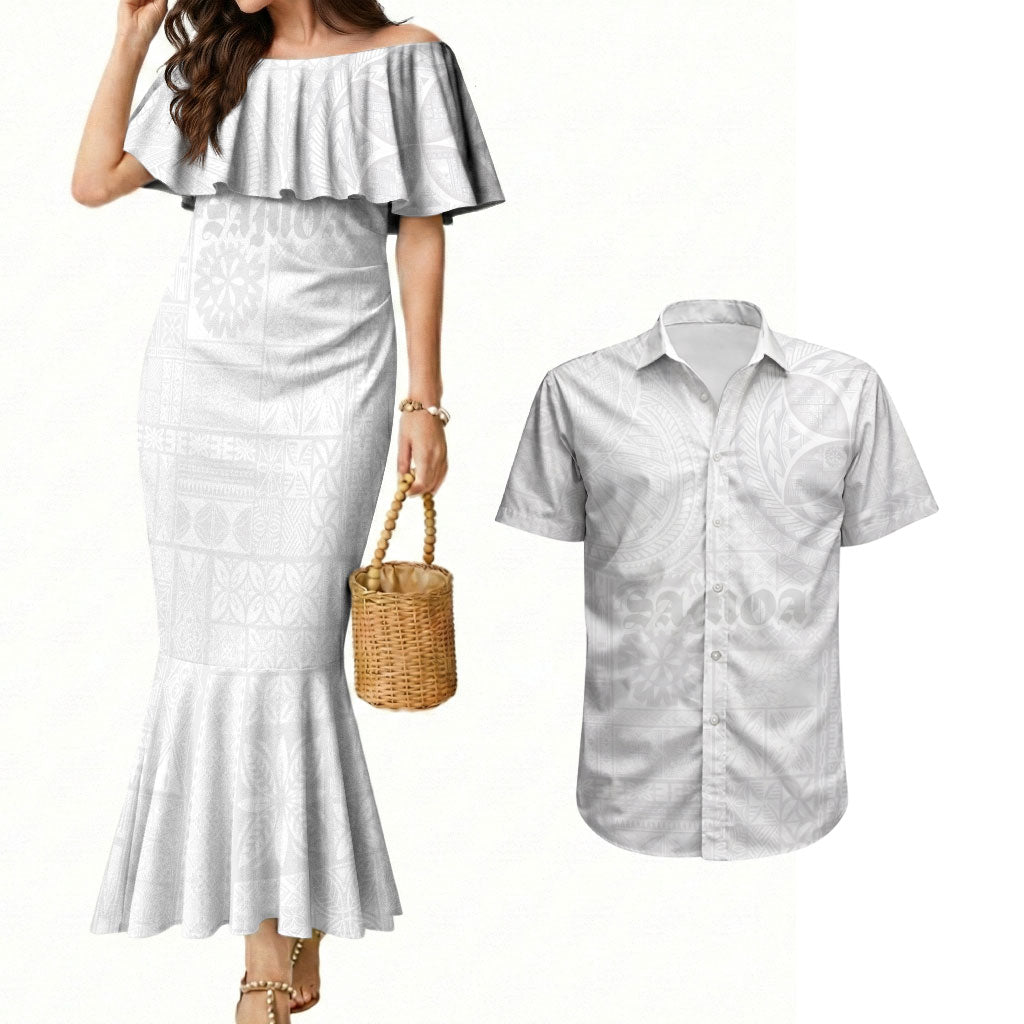 Samoa Lotu Tamaiti Couples Matching Mermaid Dress and Hawaiian Shirt Tribal Tatau with Siapo Pattern LT03 White - Polynesian Pride