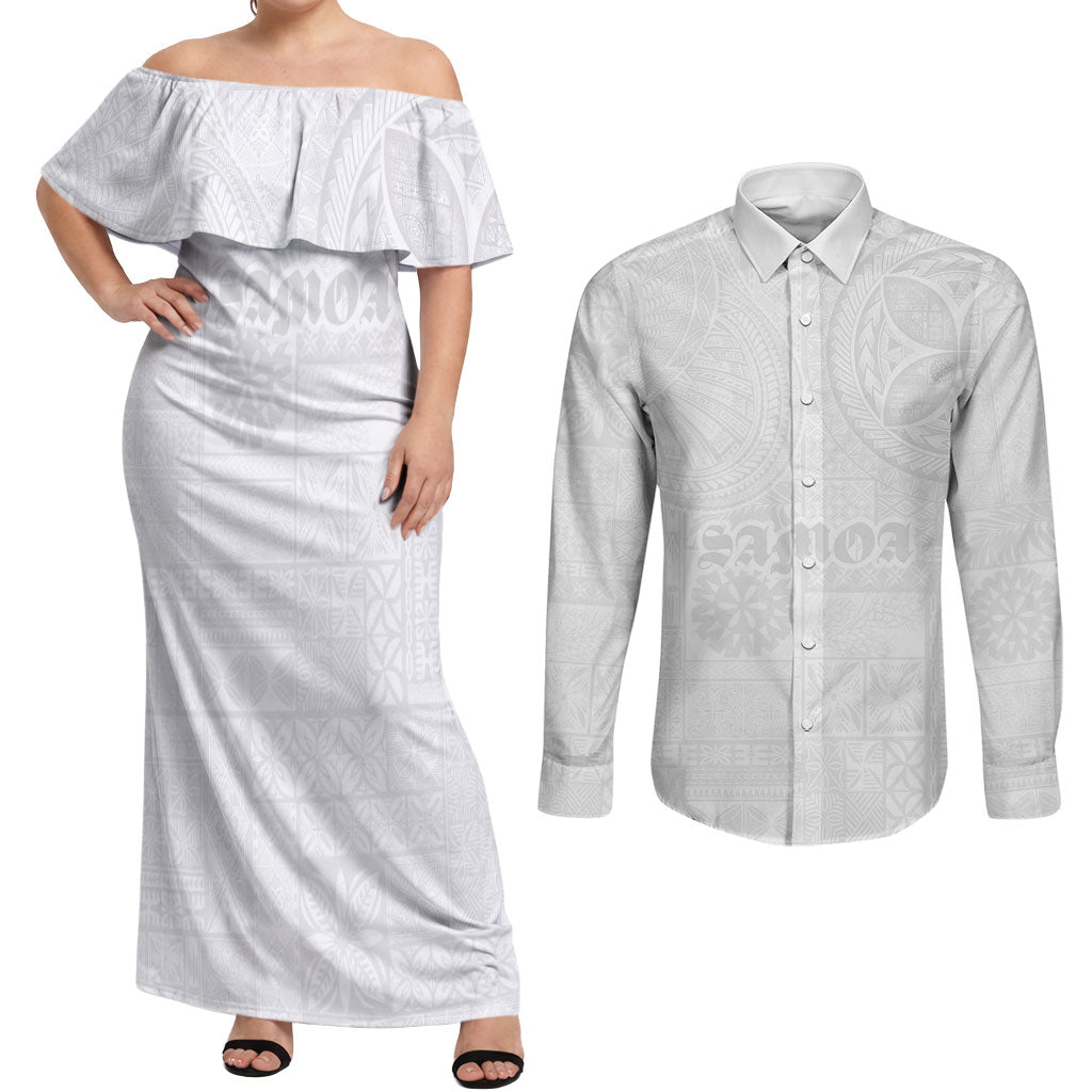 Samoa Lotu Tamaiti Couples Matching Off Shoulder Maxi Dress and Long Sleeve Button Shirt Tribal Tatau with Siapo Pattern