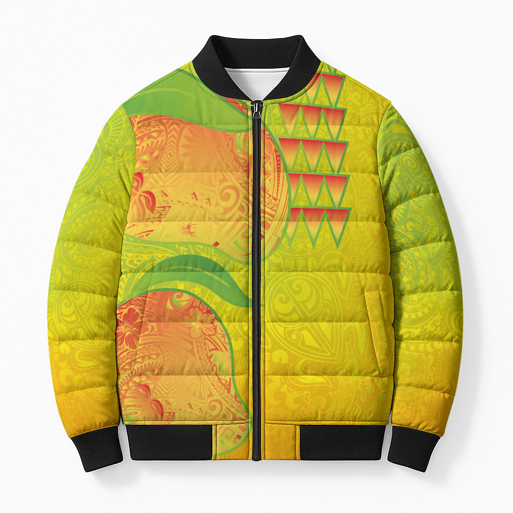 Hawaiian Mango Bomber Puffer Jacket Polynesian Art Pattern and Kakau Tattoo