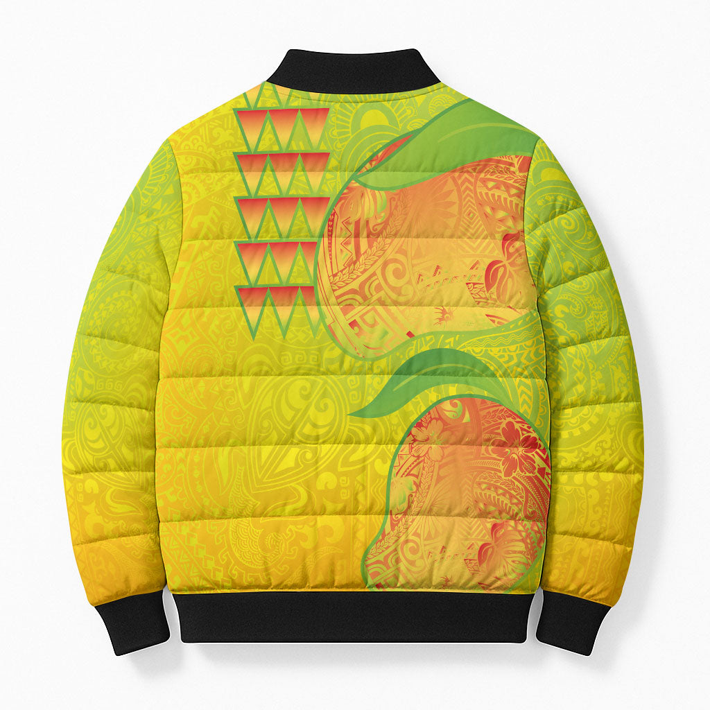 Hawaiian Mango Bomber Puffer Jacket Polynesian Art Pattern and Kakau Tattoo