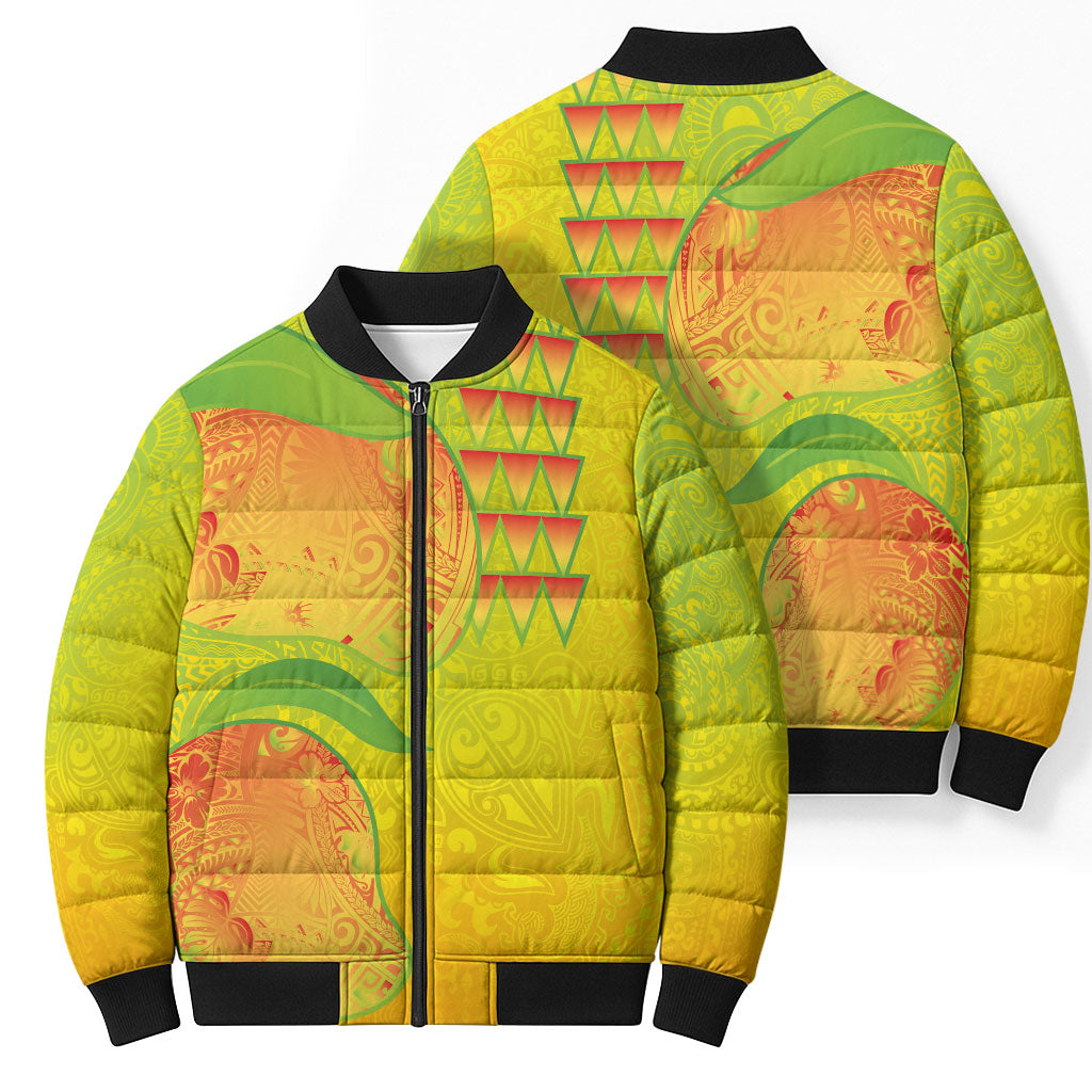Hawaiian Mango Bomber Puffer Jacket Polynesian Art Pattern and Kakau Tattoo