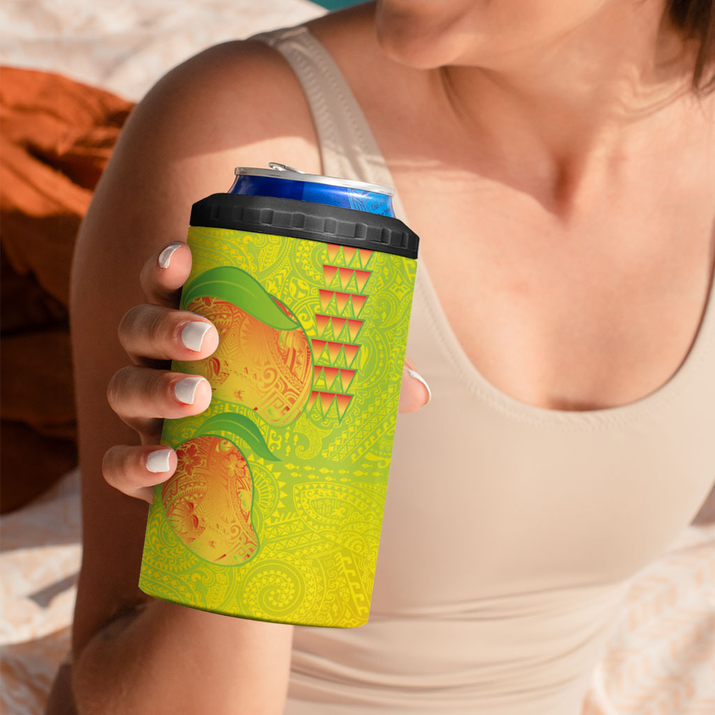 Hawaiian Mango 4 in 1 Can Cooler Tumbler Polynesian Art Pattern and Kakau Tattoo