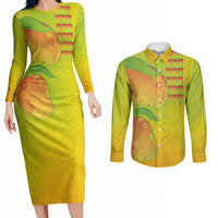 Hawaiian Mango Couples Matching Long Sleeve Bodycon Dress and Long Sleeve Button Shirt Polynesian Art Pattern and Kakau Tattoo