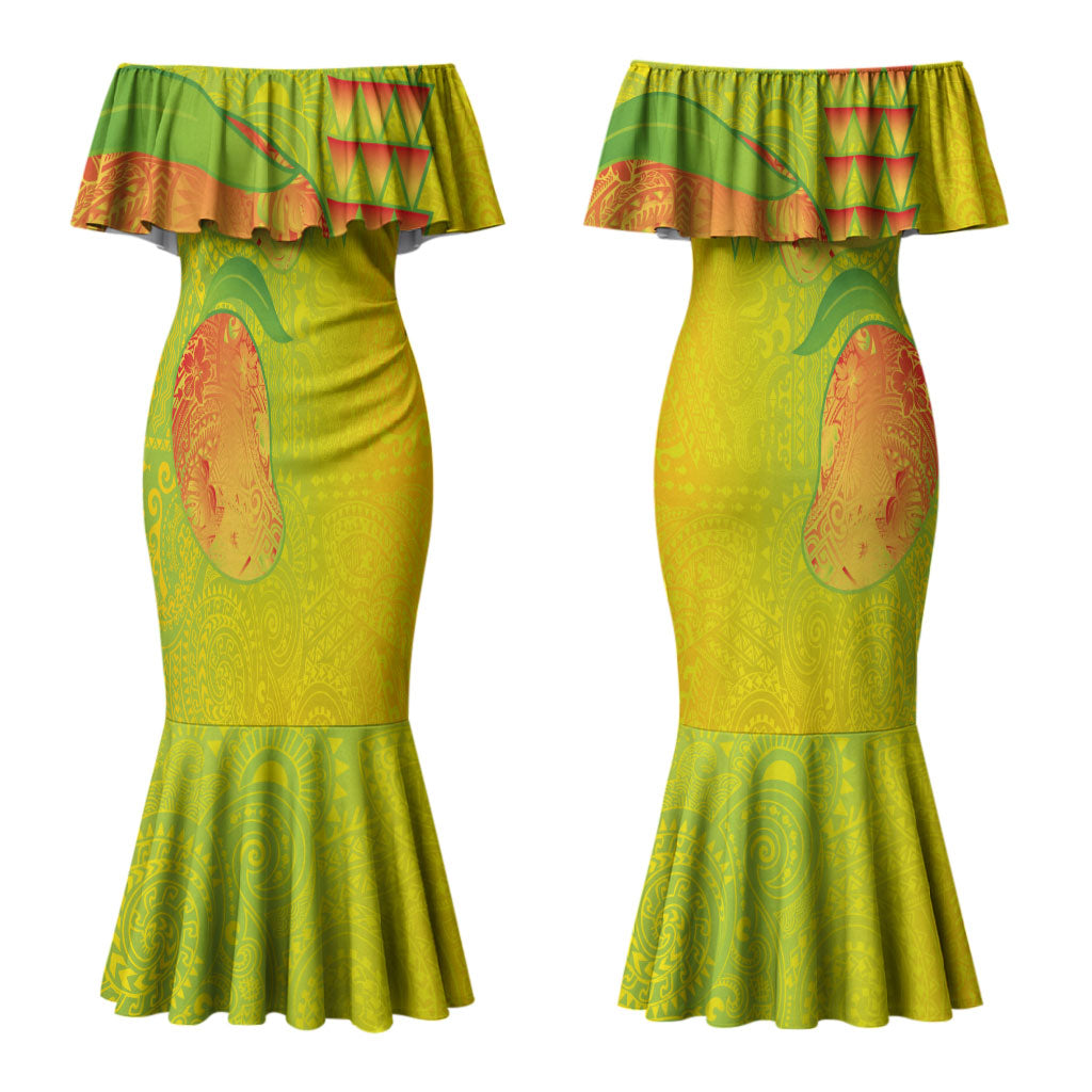 Hawaiian Mango Couples Matching Mermaid Dress and Hawaiian Shirt Polynesian Art Pattern and Kakau Tattoo