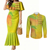 Hawaiian Mango Couples Matching Mermaid Dress and Long Sleeve Button Shirt Polynesian Art Pattern and Kakau Tattoo