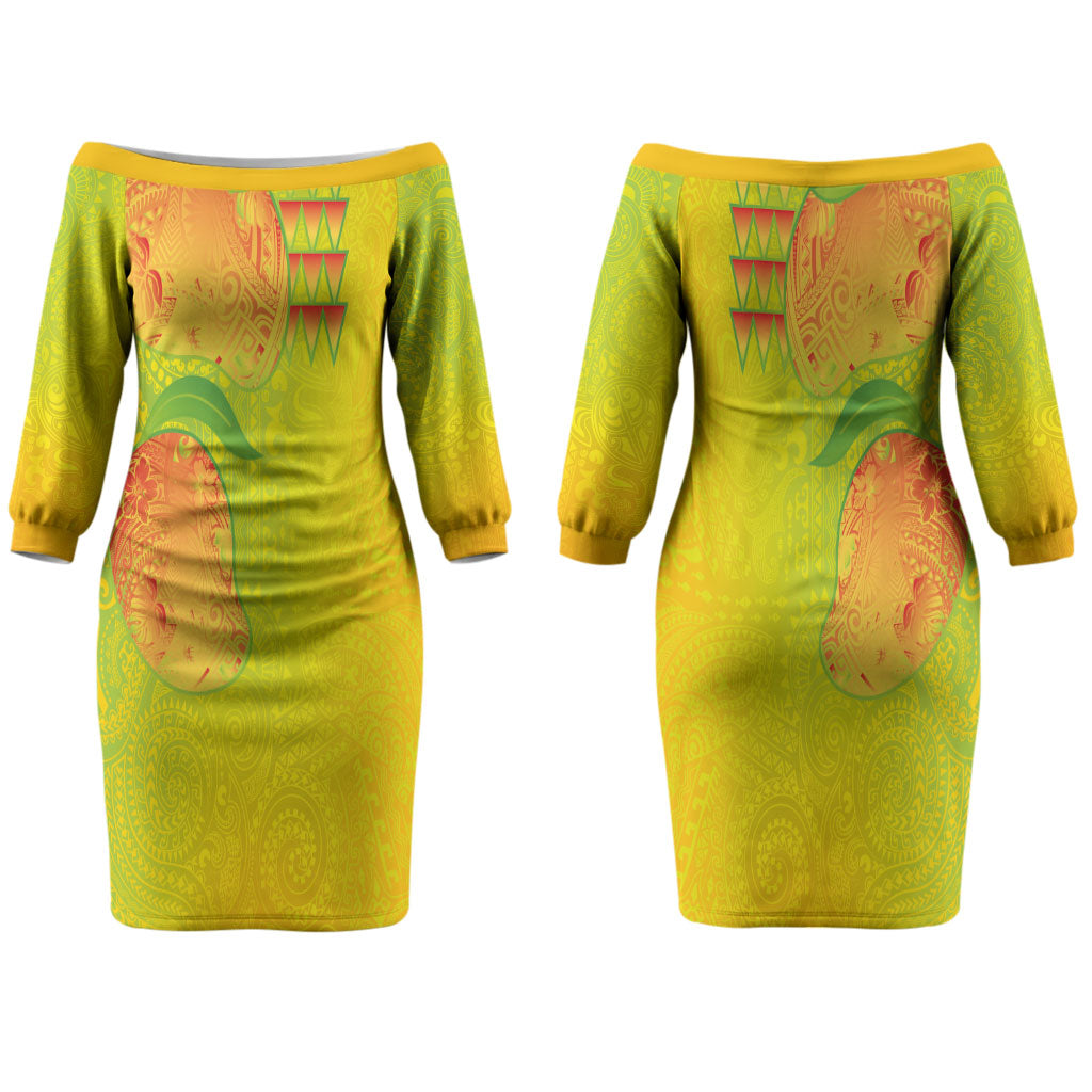 Hawaiian Mango Couples Matching Off The Shoulder Long Sleeve Dress and Hawaiian Shirt Polynesian Art Pattern and Kakau Tattoo