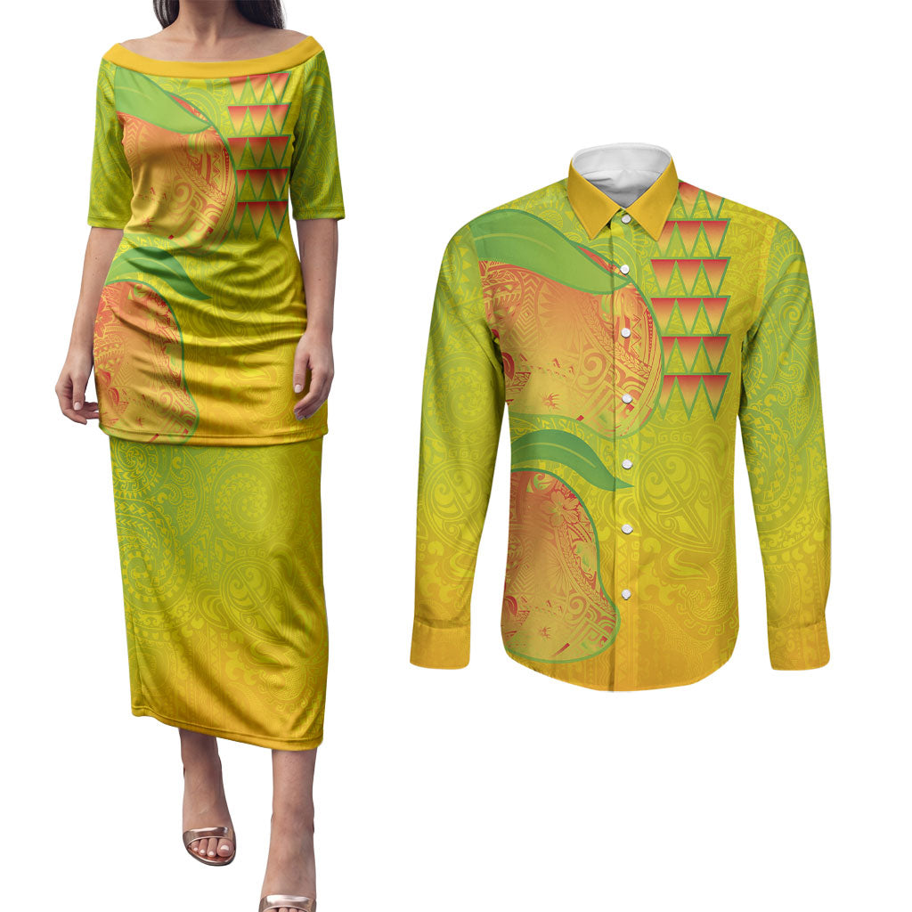 Hawaiian Mango Couples Matching Puletasi and Long Sleeve Button Shirt Polynesian Art Pattern and Kakau Tattoo