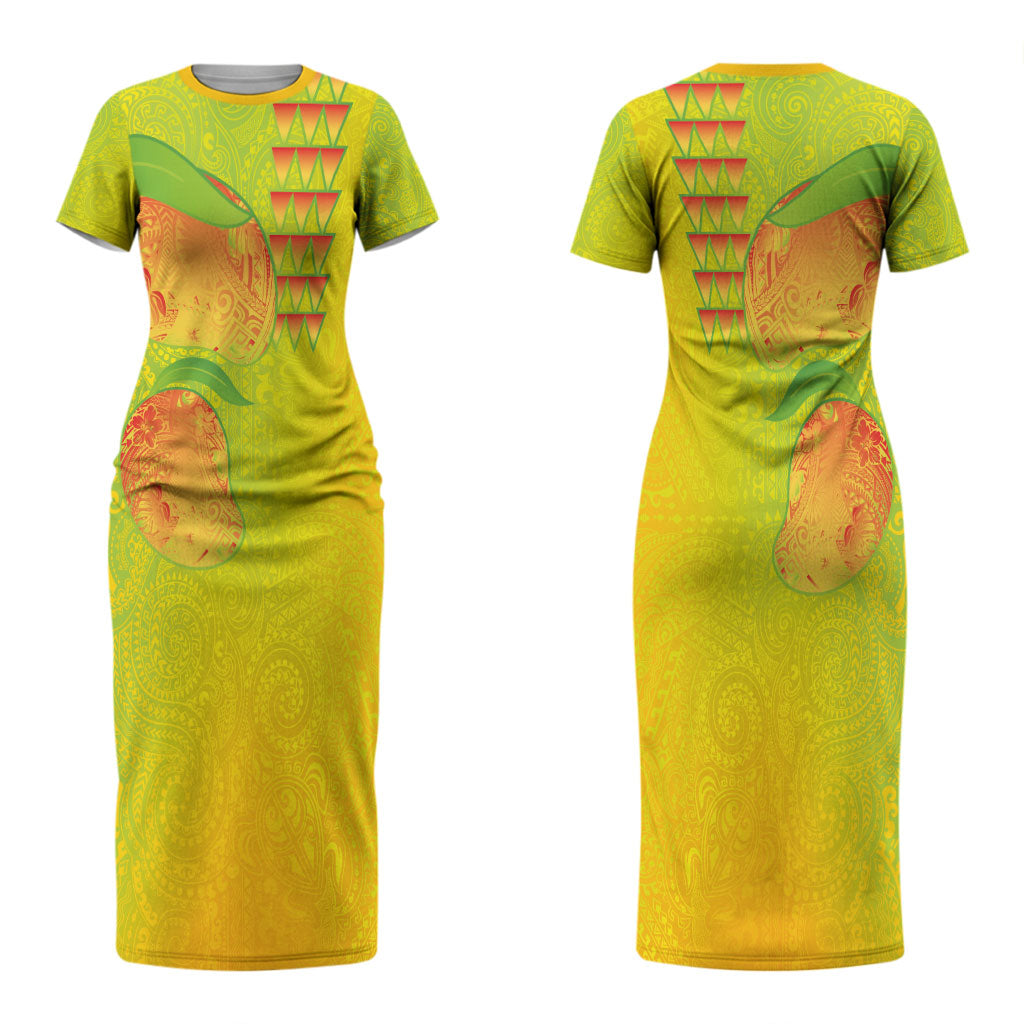Hawaiian Mango Couples Matching Short Sleeve Bodycon Dress and Long Sleeve Button Shirt Polynesian Art Pattern and Kakau Tattoo