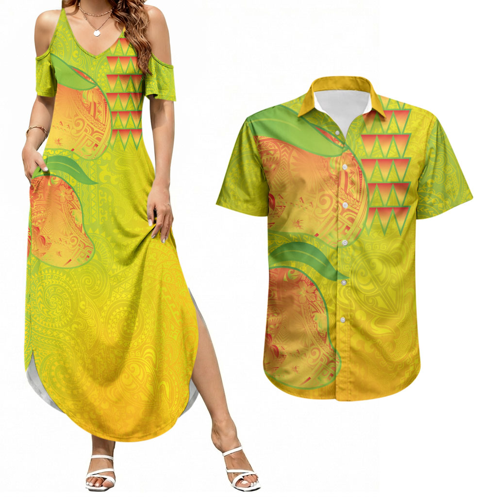 Hawaiian Mango Couples Matching Summer Maxi Dress and Hawaiian Shirt Polynesian Art Pattern and Kakau Tattoo LT03 Yellow - Polynesian Pride