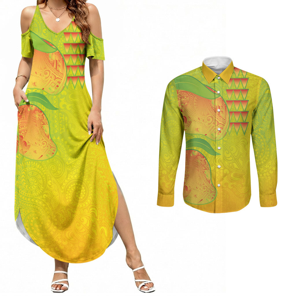 Hawaiian Mango Couples Matching Summer Maxi Dress and Long Sleeve Button Shirt Polynesian Art Pattern and Kakau Tattoo