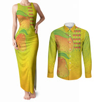 Hawaiian Mango Couples Matching Tank Maxi Dress and Long Sleeve Button Shirt Polynesian Art Pattern and Kakau Tattoo