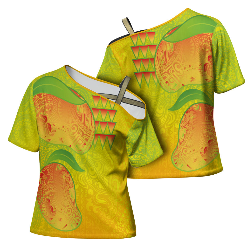 Hawaiian Mango Cross Shoulder Shirt Polynesian Art Pattern and Kakau Tattoo