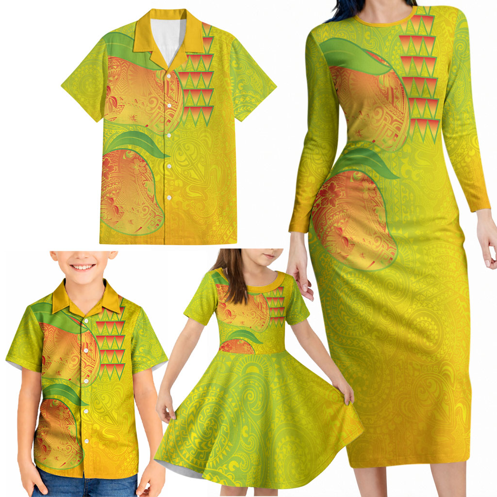 Hawaiian Mango Family Matching Long Sleeve Bodycon Dress and Hawaiian Shirt Polynesian Art Pattern and Kakau Tattoo