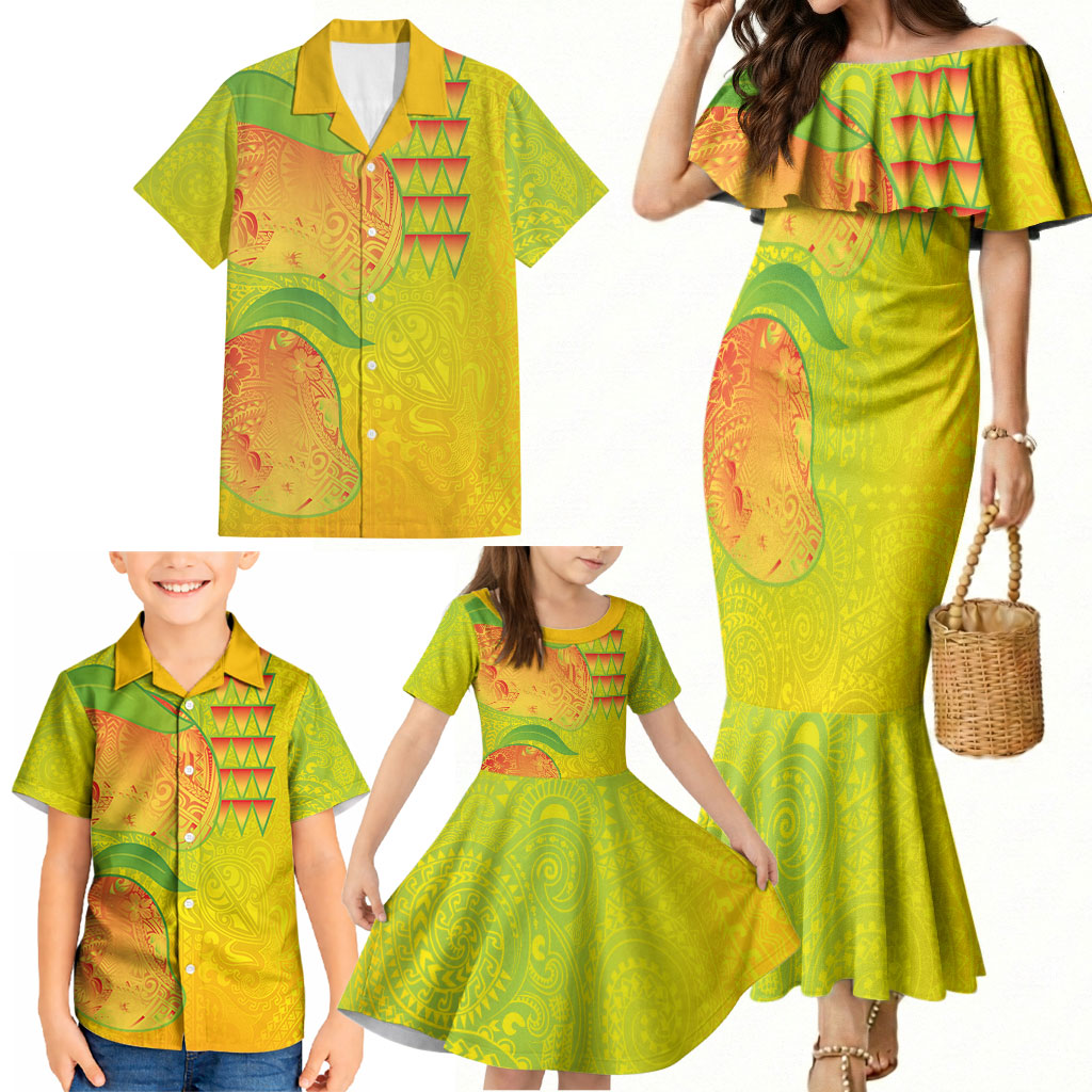Hawaiian Mango Family Matching Mermaid Dress and Hawaiian Shirt Polynesian Art Pattern and Kakau Tattoo