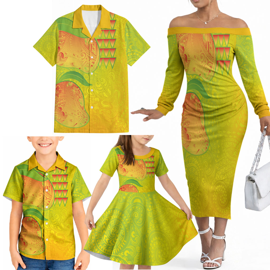 Hawaiian Mango Family Matching Off The Shoulder Long Sleeve Dress and Hawaiian Shirt Polynesian Art Pattern and Kakau Tattoo