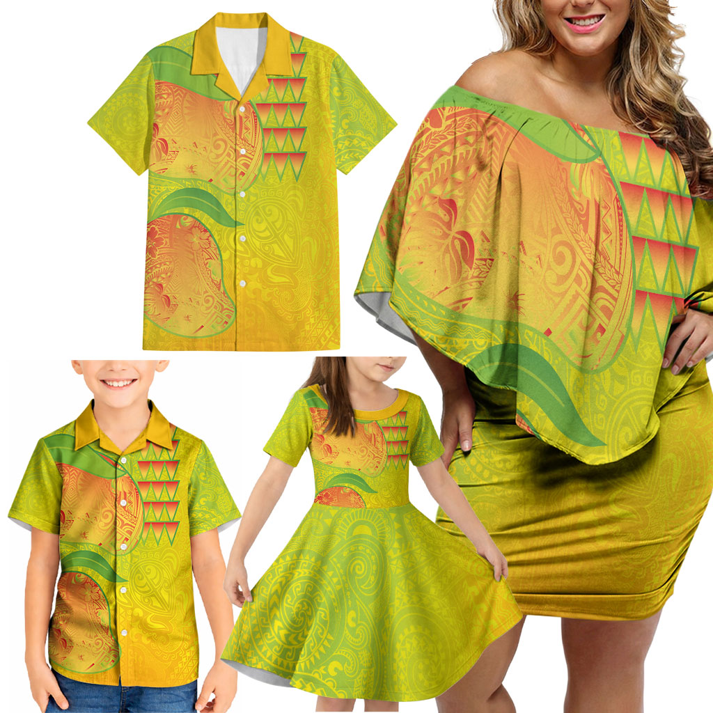 Hawaiian Mango Family Matching Off Shoulder Short Dress and Hawaiian Shirt Polynesian Art Pattern and Kakau Tattoo