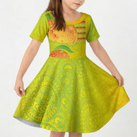 Hawaiian Mango Kid Short Sleeve Dress Polynesian Art Pattern and Kakau Tattoo