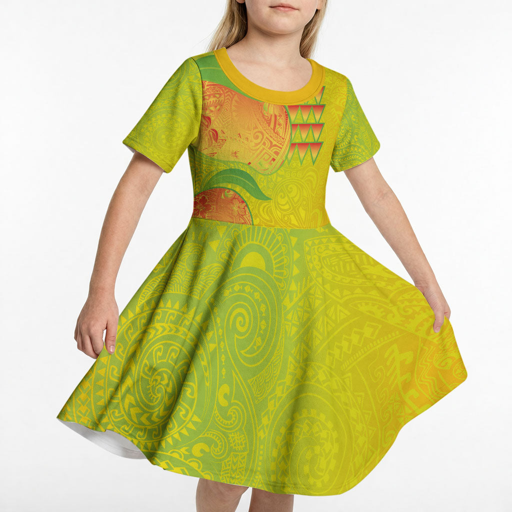 Hawaiian Mango Kid Short Sleeve Dress Polynesian Art Pattern and Kakau Tattoo