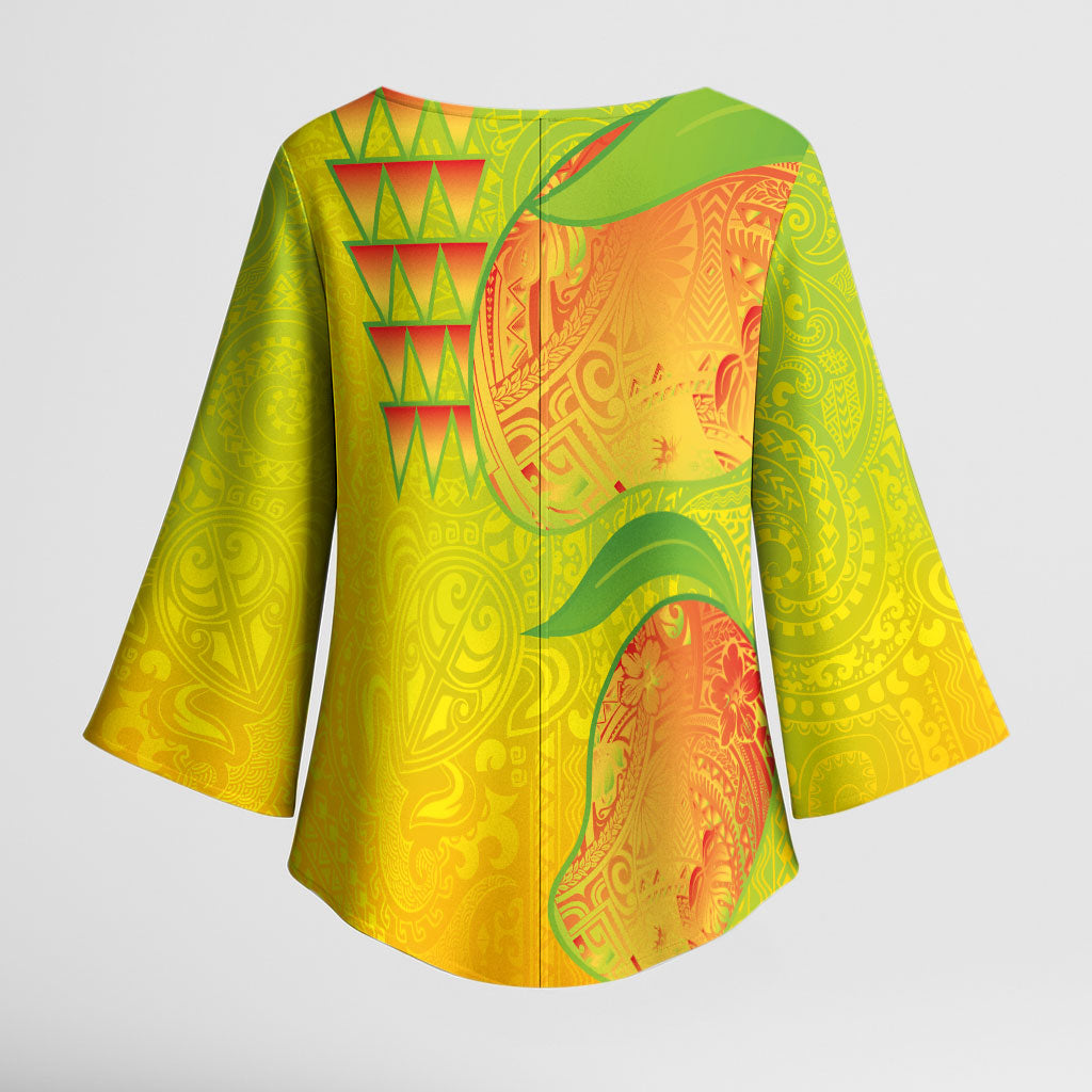 Hawaiian Mango Kimono Sleeve Blouse Polynesian Art Pattern and Kakau Tattoo