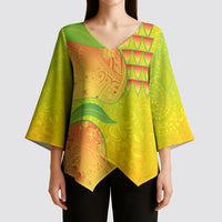 Hawaiian Mango Kimono Sleeve Blouse Polynesian Art Pattern and Kakau Tattoo
