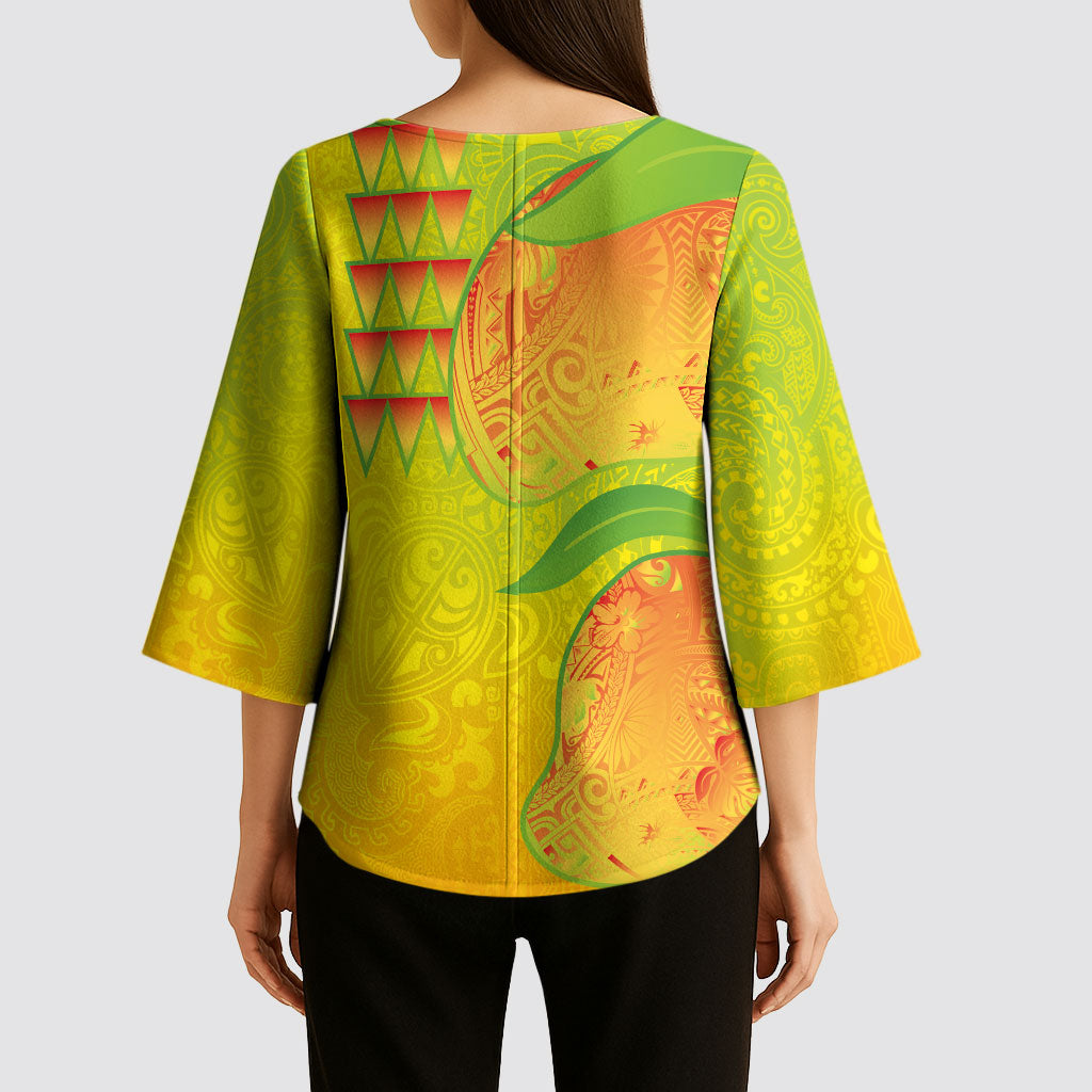 Hawaiian Mango Kimono Sleeve Blouse Polynesian Art Pattern and Kakau Tattoo