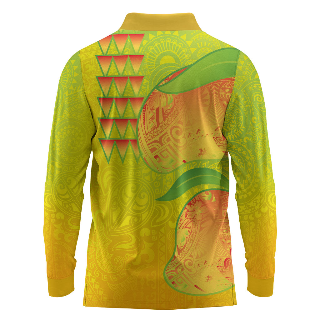 Hawaiian Mango Long Sleeve Polo Shirt Polynesian Art Pattern and Kakau Tattoo
