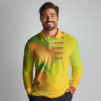 Hawaiian Mango Long Sleeve Polo Shirt Polynesian Art Pattern and Kakau Tattoo