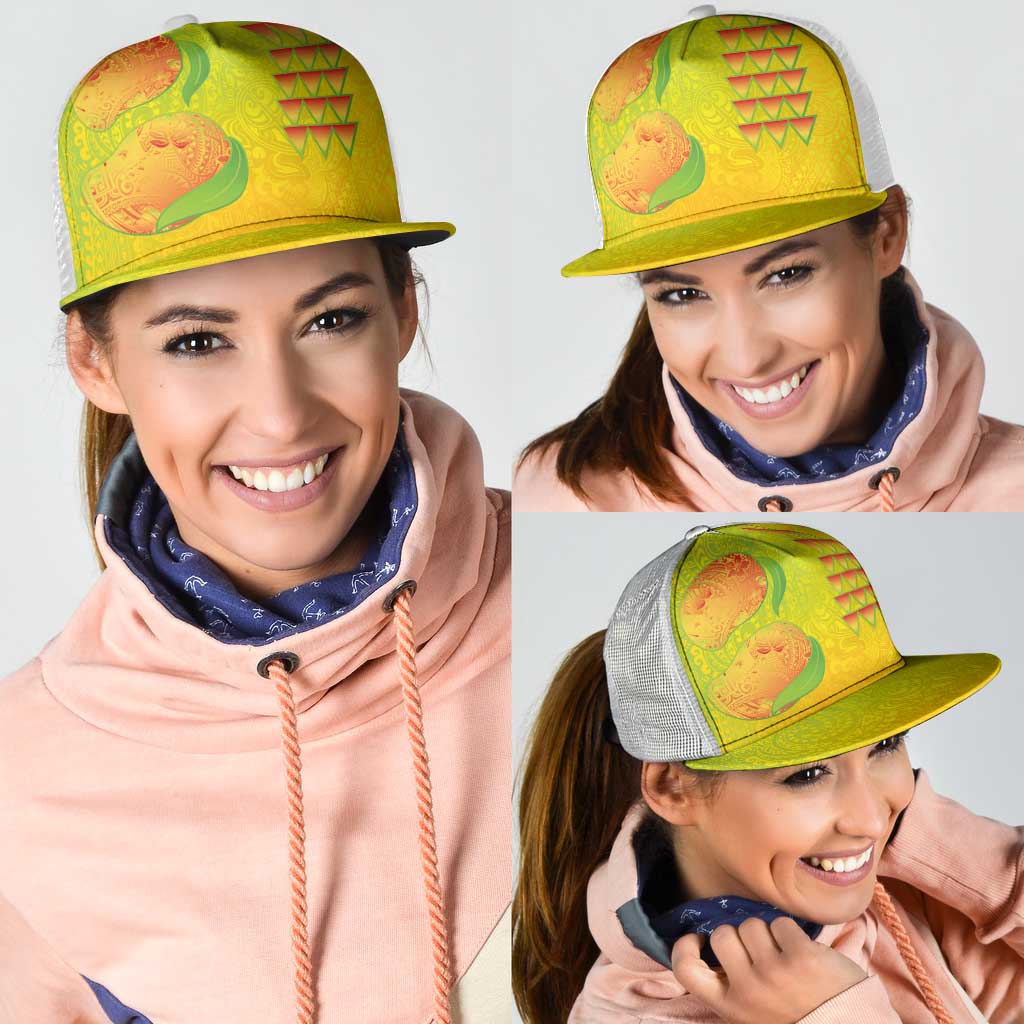 Hawaiian Mango Mesh Trucker Cap Polynesian Art Pattern and Kakau Tattoo