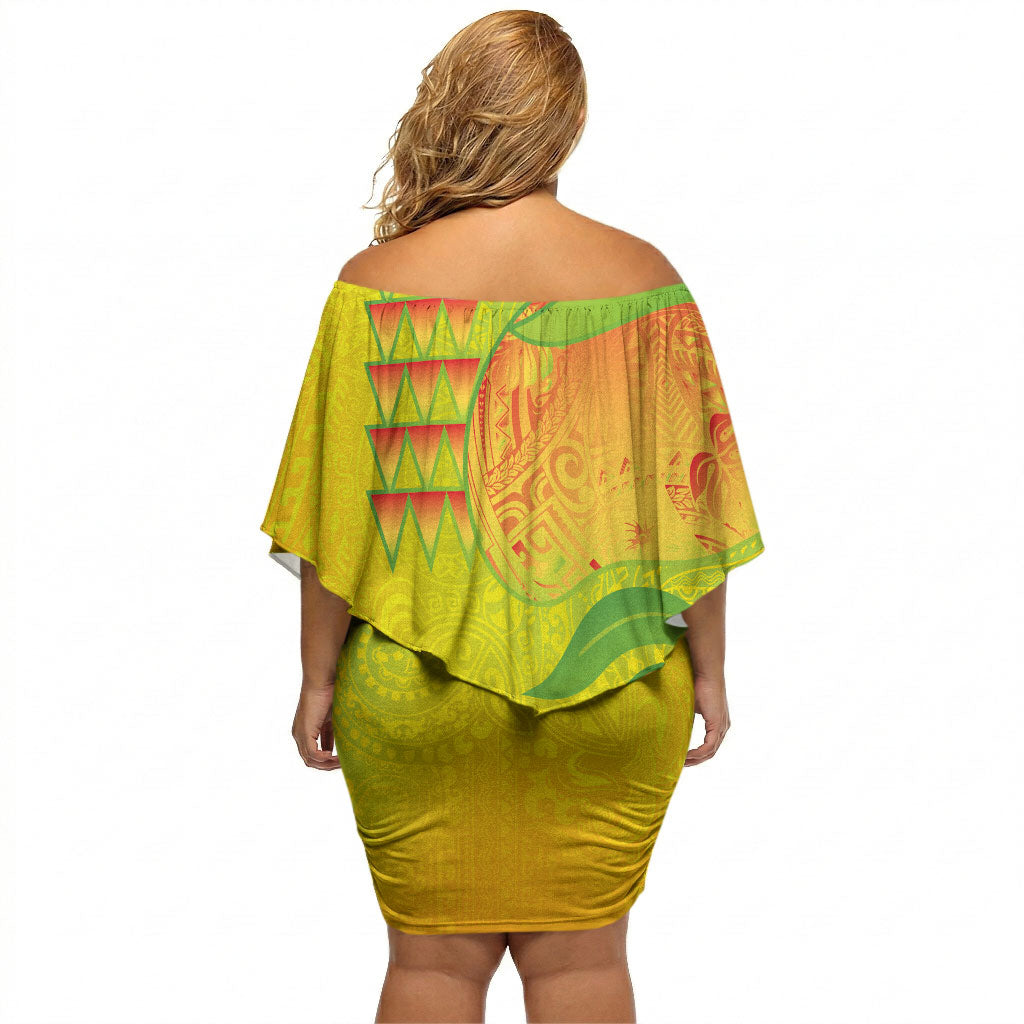 Hawaiian Mango Off Shoulder Short Dress Polynesian Art Pattern and Kakau Tattoo