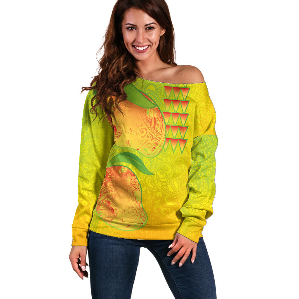 Hawaiian Mango Off Shoulder Sweater Polynesian Art Pattern and Kakau Tattoo