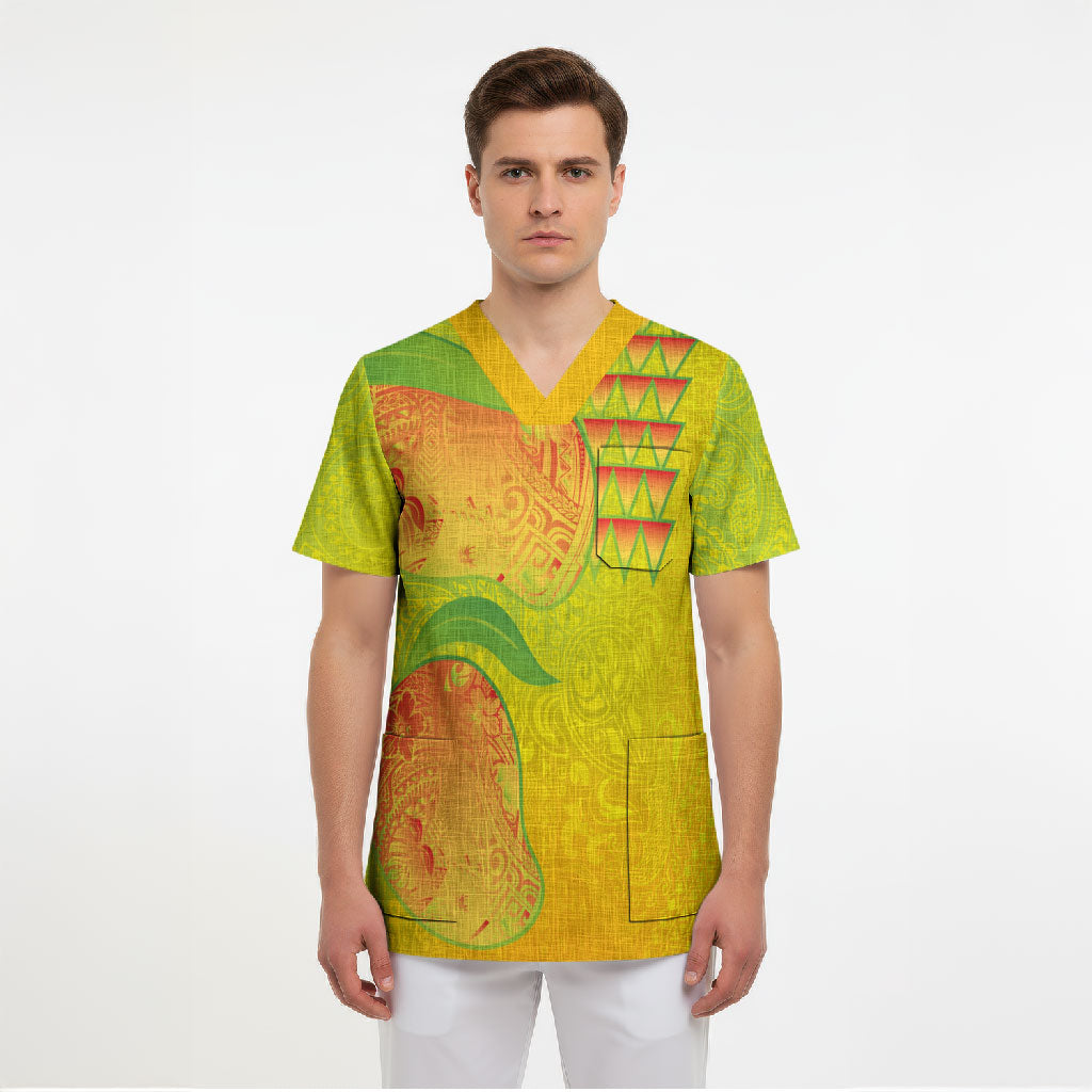Hawaiian Mango Scrub Top Polynesian Art Pattern and Kakau Tattoo