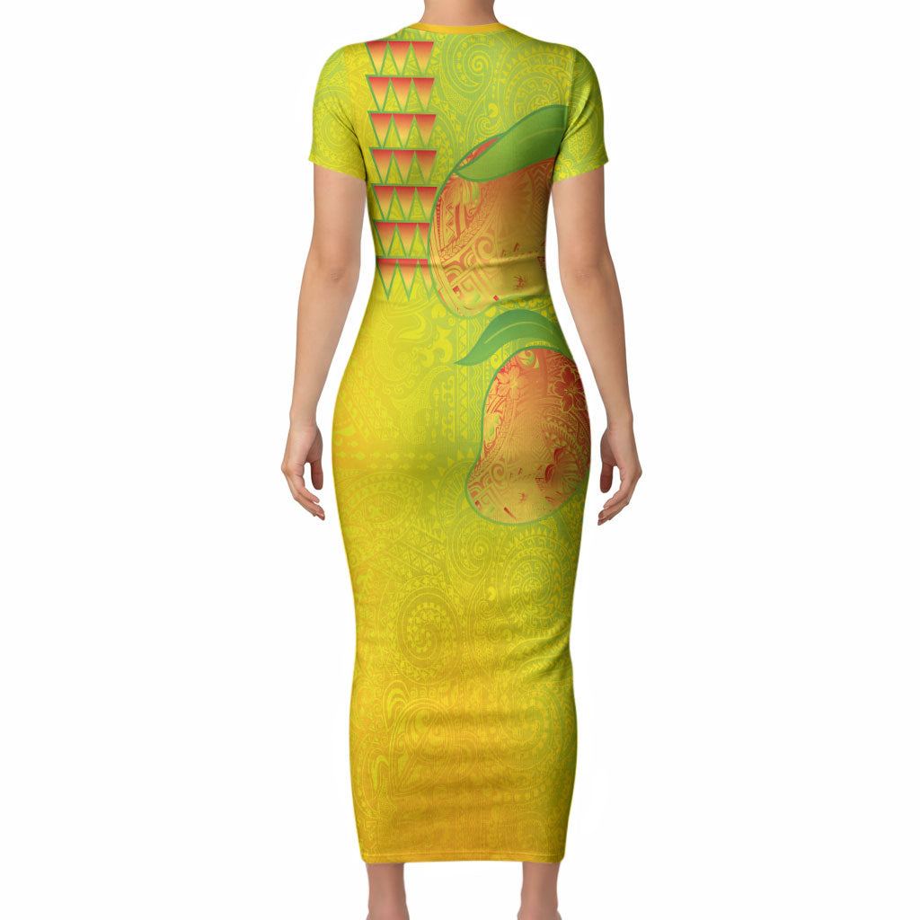 Hawaiian Mango Short Sleeve Bodycon Dress Polynesian Art Pattern and Kakau Tattoo