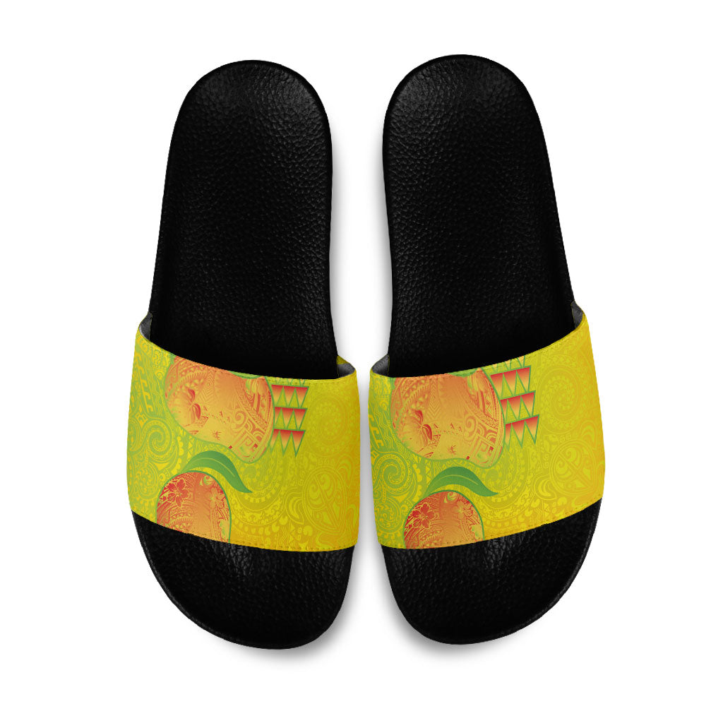 Hawaiian Mango Slide Sandals Polynesian Art Pattern and Kakau Tattoo
