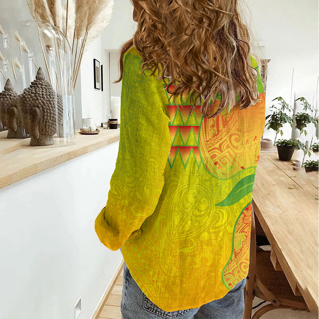 Hawaiian Mango Women Casual Shirt Polynesian Art Pattern and Kakau Tattoo