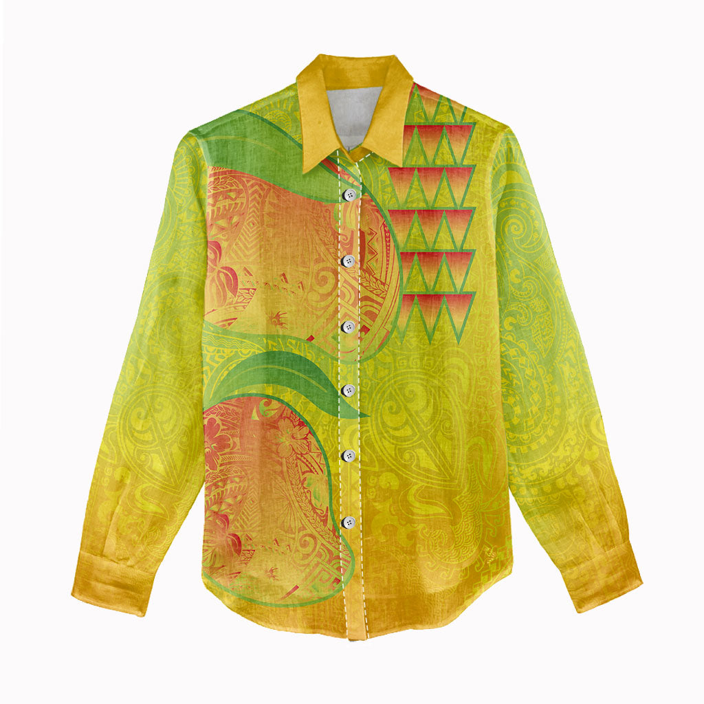 Hawaiian Mango Women Casual Shirt Polynesian Art Pattern and Kakau Tattoo