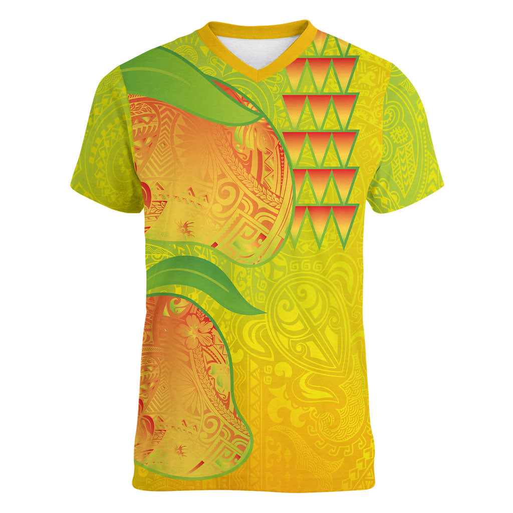 Hawaiian Mango Women V-Neck T-Shirt Polynesian Art Pattern and Kakau Tattoo