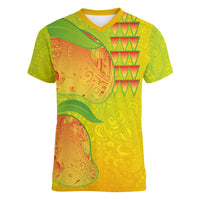 Hawaiian Mango Women V-Neck T-Shirt Polynesian Art Pattern and Kakau Tattoo