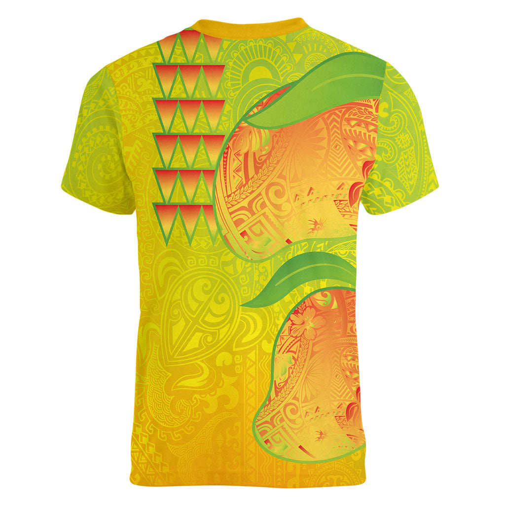 Hawaiian Mango Women V-Neck T-Shirt Polynesian Art Pattern and Kakau Tattoo