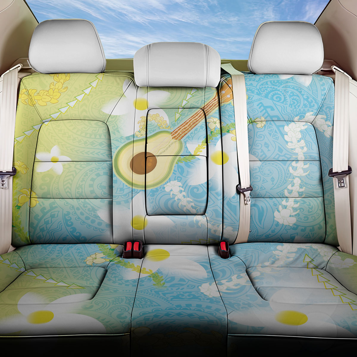 Hawaiian Ukulele Avocado Back Car Seat Cover Leis and Polynesian Pattern