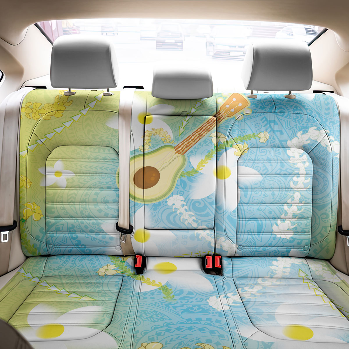 Hawaiian Ukulele Avocado Back Car Seat Cover Leis and Polynesian Pattern